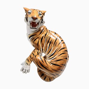 Tigre rugiente vintage grande de cerámica pintada a mano, años 50