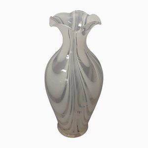 Modern Transparent and White Wavy Murano Glass Vase, 1970s