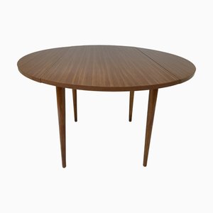 Mesa extensible redonda de chapa de roble con base de madera, años 70