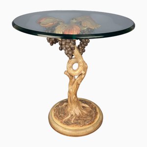 Runder Vintage Couchtisch mit Kristallglas & Holztruhe in Grape Vine Form, 1950er