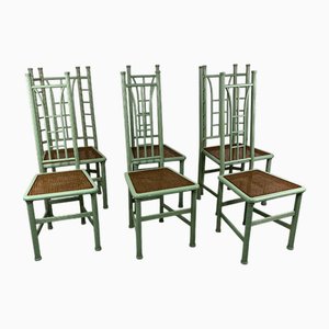 Italian Chairs in Green Wood and Vienna Straw, 1980s, Set of 6