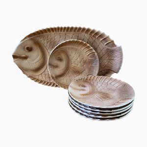 Französische Fischteller und Servierplatte aus Majolika von Sarreguemines, 1970er, 7er Set