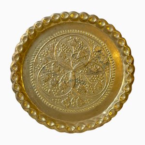 Large Vintage Moroccan Round Tray in Embossed Brass, 1950s