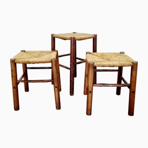 Mid-Century Rustic Wood and Cane Stools, Italy, 1960s, Set of 3