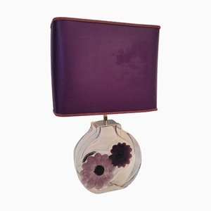 French Table Lamp with Mauve Flowers from Daum Crystal, 1970