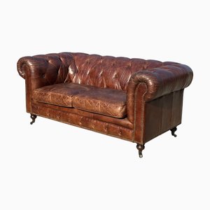 Sofá Chesterfield de dos plazas de cuero marrón, años 80