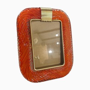Art Deco Orange Murano Glass and Brass Picture Frame in the style of Barovier, 1990s