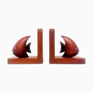 Sujetalibros Mid-Century de teca con pez escalar, años 60. Juego de 2