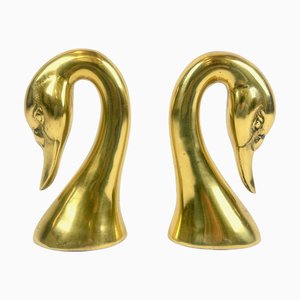 Fermalibri vintage in ottone con testa di cigno, anni '60, set di 2