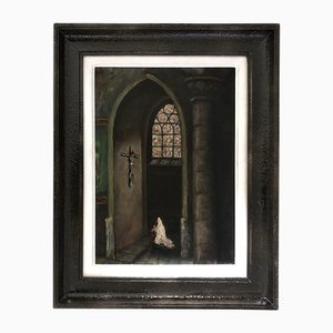 French School Artist, Interior of Church, Early 20th Century, Oil on Wooden Panel, Framed