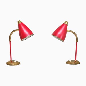 Lampade da tavolo vintage regolabili in metallo rosso e ottone, Norvegia, anni '60, set di 2