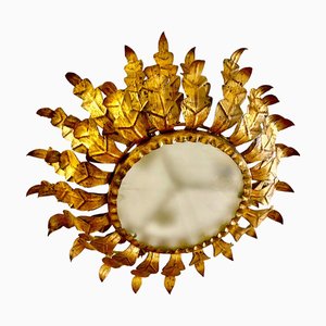 Spanish Crown Sunburst Fixture in Gilt Metal and Frost Glass, 1950s