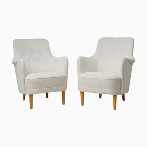 Set of Swedish Modern Samsas White Bouclé Armchairs by Carl Malmsten for O.H. Sjögren