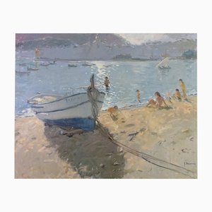 Josep Munné Graupera Contrallum, Spiaggia di Cadaqués con barca, Dipinto ad olio