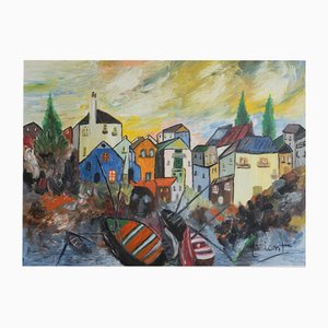 Colorful Mediterranean Village Scene with Boats, Oil Painting