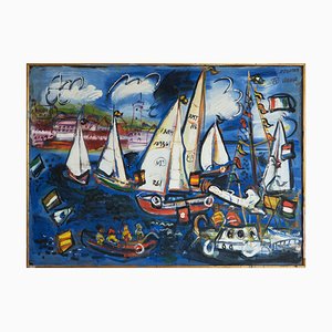 Fermín Vilanova, Voiliers à la Régate, Peinture à l'Huile Originale, 1960
