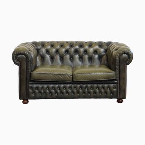 Canapé 2 Places Chesterfield Vintage en Cuir de Vache Vert avec Clous Décoratifs
