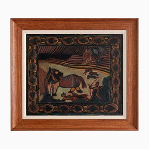 Artista de la escuela francesa, La caza del león, pintura al óleo sobre lienzo, principios del siglo XX, enmarcado