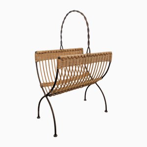 Magazine Rack in Woven Wrought Iron and Rattan, 1960s