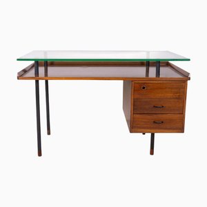 Scrivania Mid-Century moderna in teak e vetro, anni '60