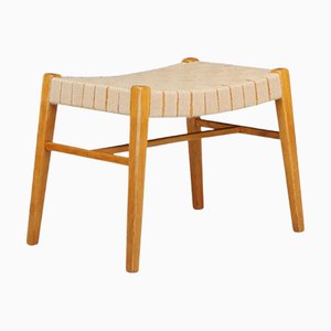 Sgabello Mid-Century moderno in quercia e tela attribuito a Jan Vaněk, Praga, anni '40