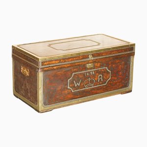 Antique Hand Studded Brown Leather Steamer Trunk, 1963