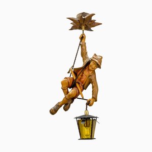 Lampada a sospensione in legno intagliato con lanterna, Germania, anni '50