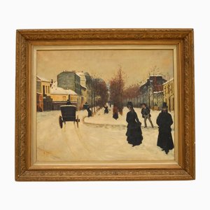 Icy Winter Street in a European City, Oil Painting, 1890s-1910s, Framed