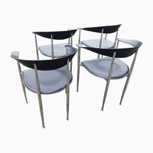 Fauteuils en Cuir Noir et Structure en Métal Chromé, Italie, 1980s, Set de 4