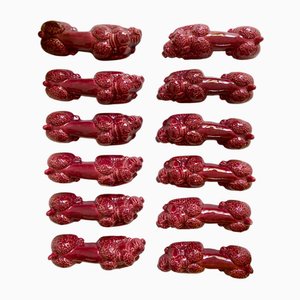 Dog Knife Holders in Burgundy Ceramic, 1950s, Set of 12