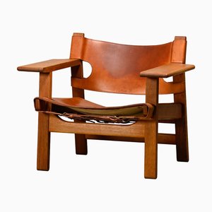 Sedia Spanish in pelle color cognac e quercia di Børge Mogensen per Fredericia, 1967