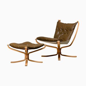 Set de Chaises Falcon avec Ottoman en Cuir Marron par Sigurd Ressell pour Vatne Møbler, 1970s
