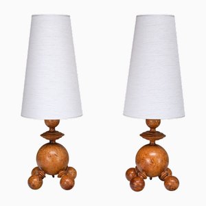 Außergewöhnliche moderne schwedische Tischlampen aus gedrechselter Masur Birke, 1930er, 2er Set