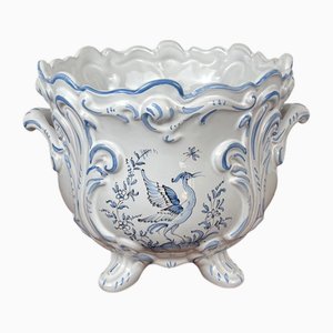 Pot de Fleurs Blanc et Bleu, Motif Oiseau par Moustier Dallier, 1970s