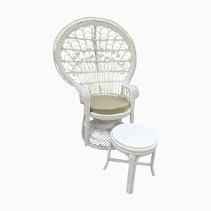 Juego de silla pavo real Mid-Century de ratán y mimbre en blanco, años 70