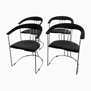 Chaises en Acier et Semi-Cuir Noir, 1975, Set de 4
