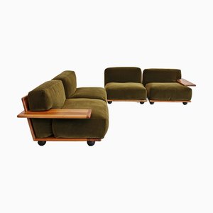 Vintage Modular Sofa in Green Velvet and Light Walnut by Mario Bellini for Cassina, 1970s, Set of 4
