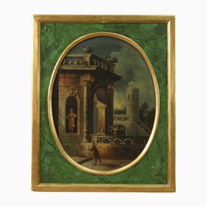 Artista italiano, Veduta con architetture e personaggi, 1760, Olio su tela, con cornice