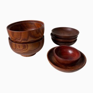 Walnut Wooden Bowls, 1950s, Set of 7