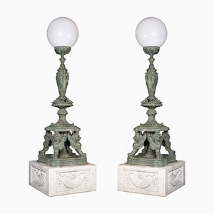 Bronze Lamps on Marble Base, 1980s, Set of 2
