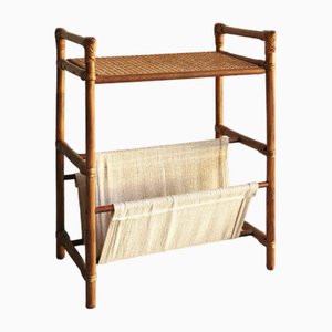 Mid-Century Modern Side Table with Magazine Rack in Bamboo and Linen, 1970s