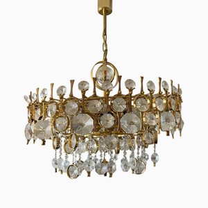Grand Lustre en Laiton Doré et Cristal de Palwa, Allemagne, 1970