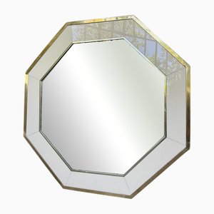 Octagonal Mirror in White Lacquer and Brass by Jean Claude Mahey, 1970s