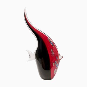 Vintage Black and Red Blown Murano Glass Fish, 1980s