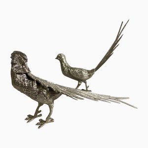 Silver Bronze Pheasants, 1970s, Metal, Set of 2