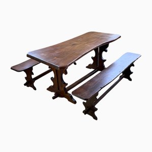 Walnut Table Set and Benches, 1890s, Set of 3