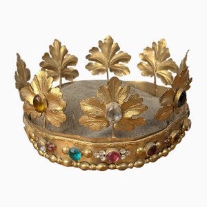 Grande Couronne Vierge en Laiton Doré et Cabochon en Verre Coloré