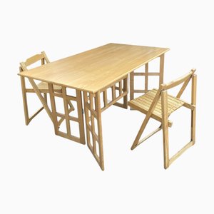 Folding Beechwood Desk with Two Drawers and Two Folding Chairs, 2000