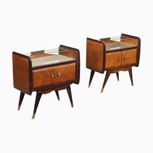 Nachttische aus Holz, Messing und Glas, 1950er-1960er, 2er Set