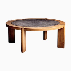 Sculptural Brutalist Oak and Fossil Stone Coffee Table, 1970s